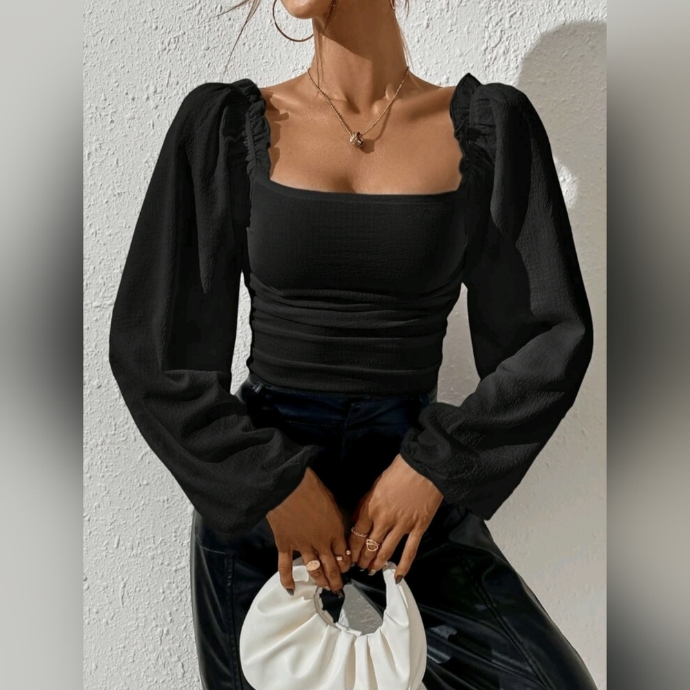 Black shirred long sleeve crop blouse